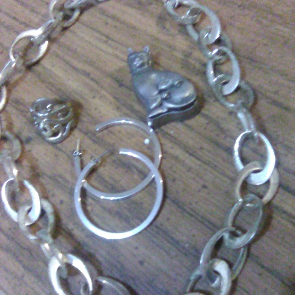 Silver and Pewter Kitty with Pin and Earring